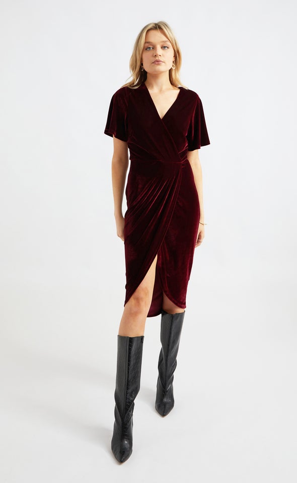 Velvet Tulip Hem Wrap Dress Maroon