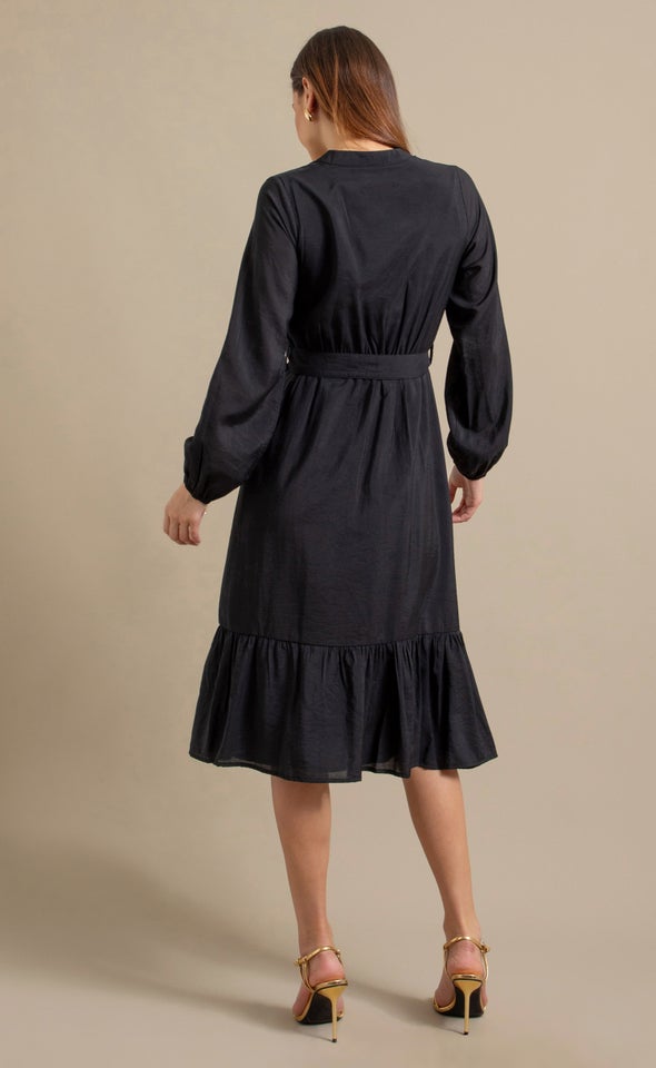 Voile Belted Midi Dress Black