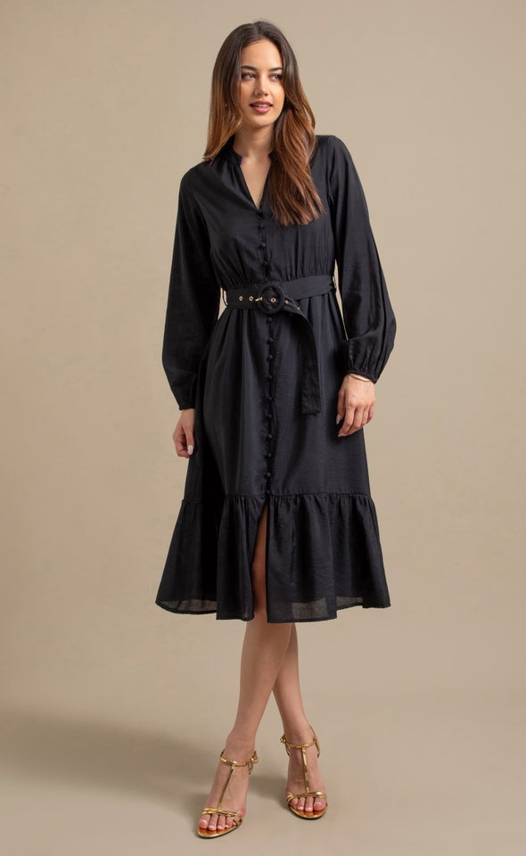Voile Belted Midi Dress Black