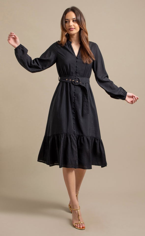 Voile Belted Midi Dress Black