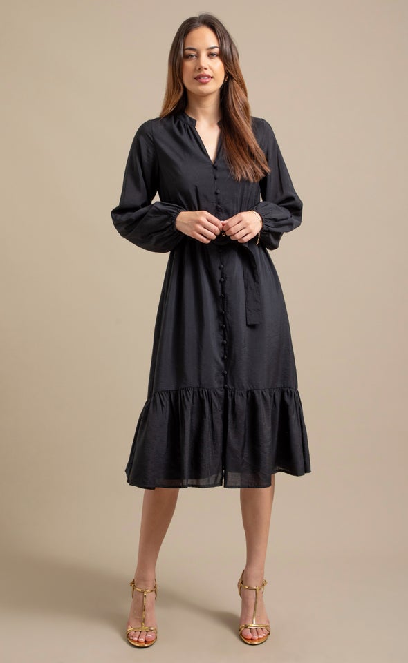 Voile Belted Midi Dress Black