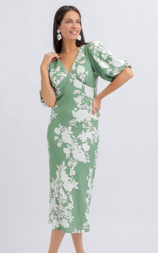 slim fit dress slacks Green And Cream Printed Short Sleeve Wrap Over Midi Dress – AX Paris main image 1