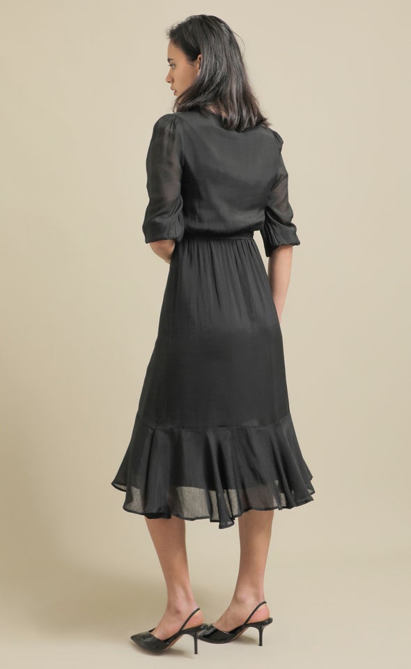 Voile Button Front Midi Dress Black
