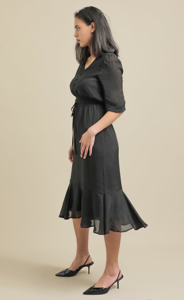 Voile Button Front Midi Dress Black