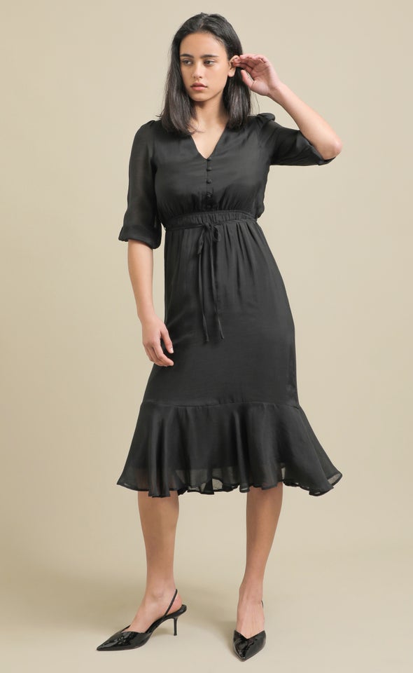 Voile Button Front Midi Dress Black