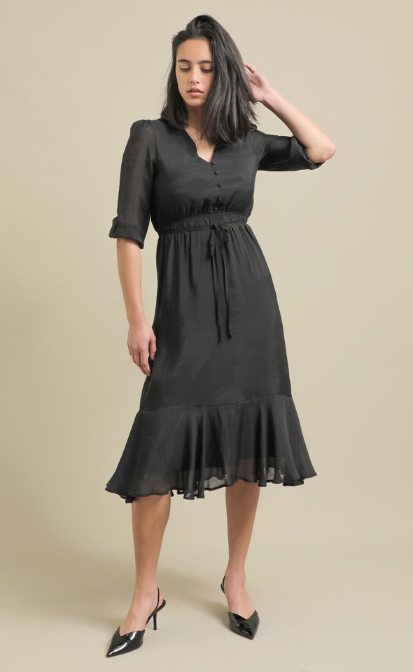 Voile Button Front Midi Dress Black