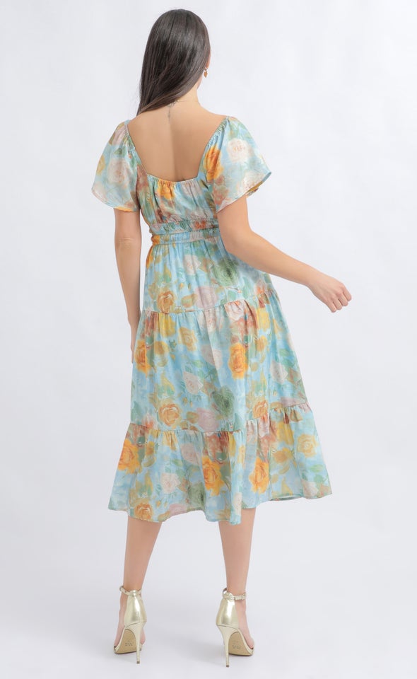 Voile Flutter Sleeve Midi Dress Blue/floral