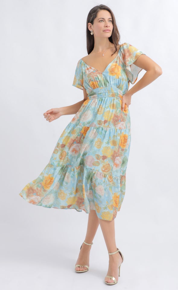 Voile Flutter Sleeve Midi Dress Blue/floral