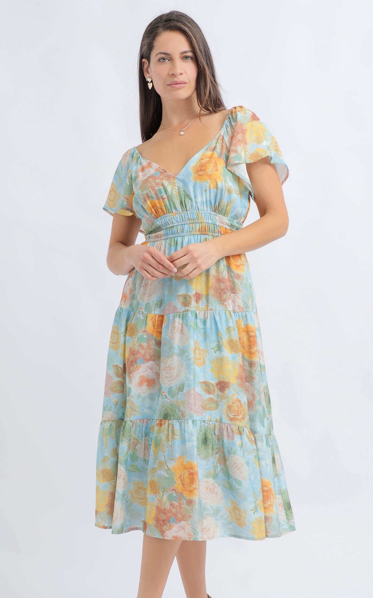 Shop our Voile Flutter Sleeve Midi Dress in Blue/floral | Pagani