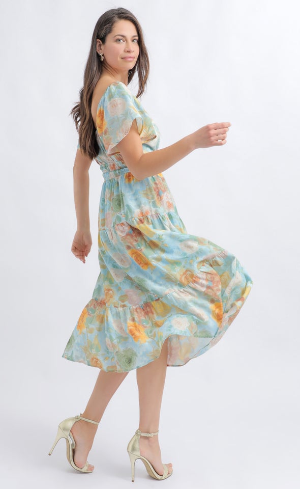Voile Flutter Sleeve Midi Dress Blue/floral
