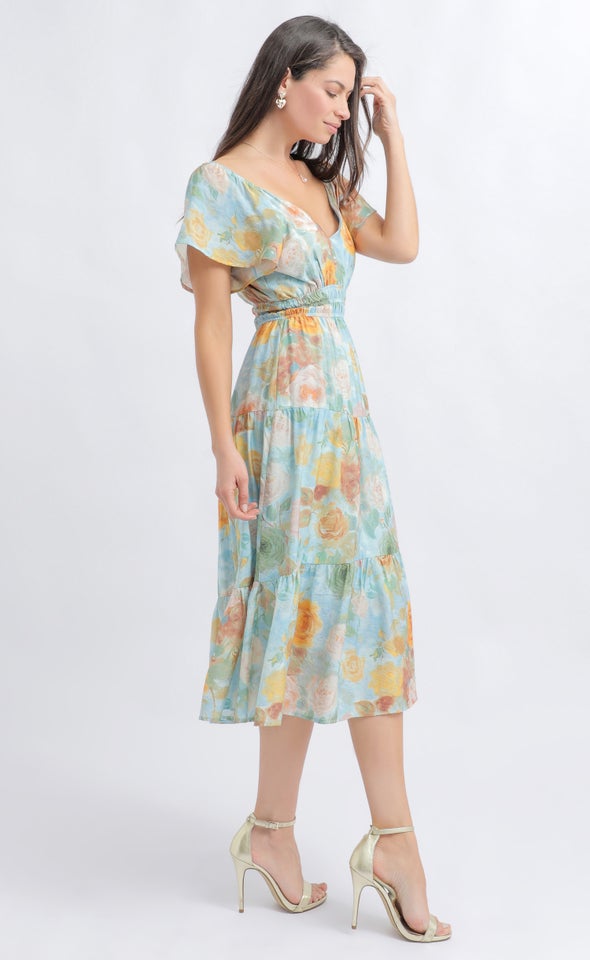 Voile Flutter Sleeve Midi Dress Blue/floral