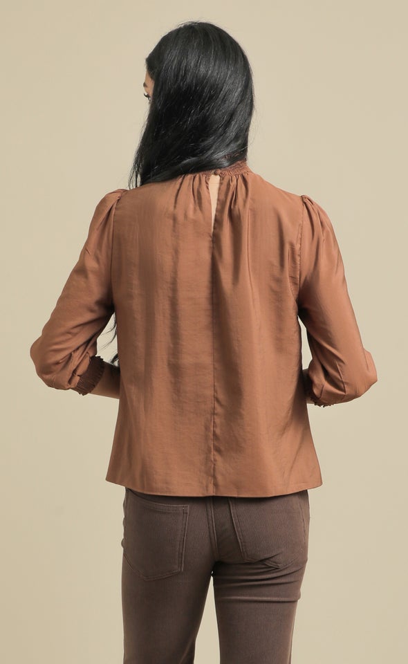 Voile High Neck Shirred Top Chocolate