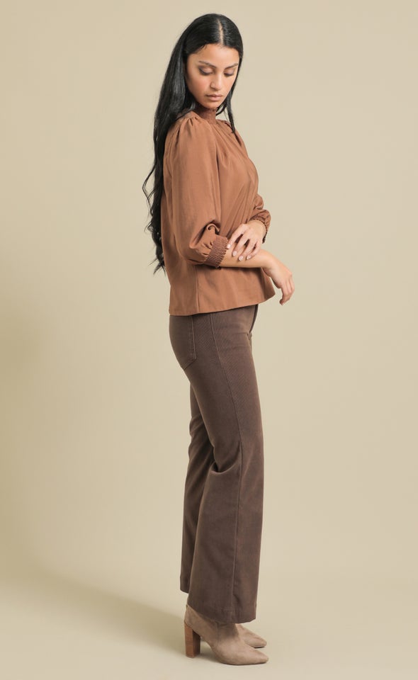 Voile High Neck Shirred Top Chocolate