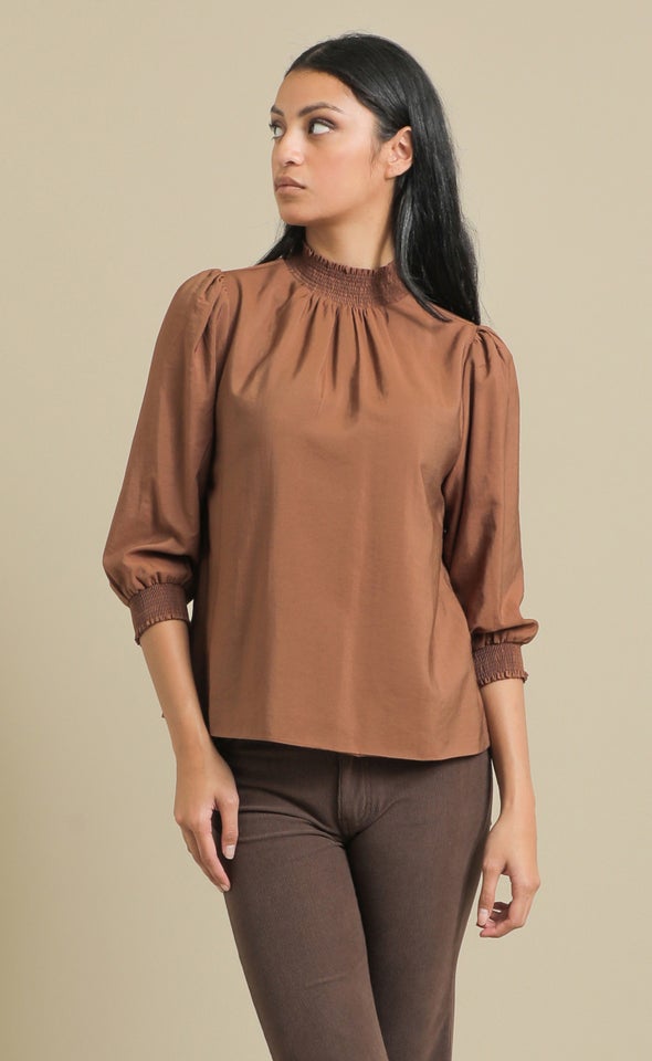 Voile High Neck Shirred Top Chocolate