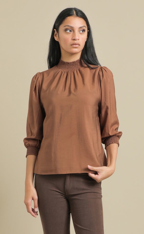 Voile High Neck Shirred Top Chocolate