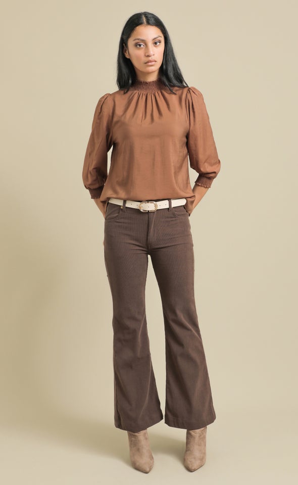 Voile High Neck Shirred Top Chocolate