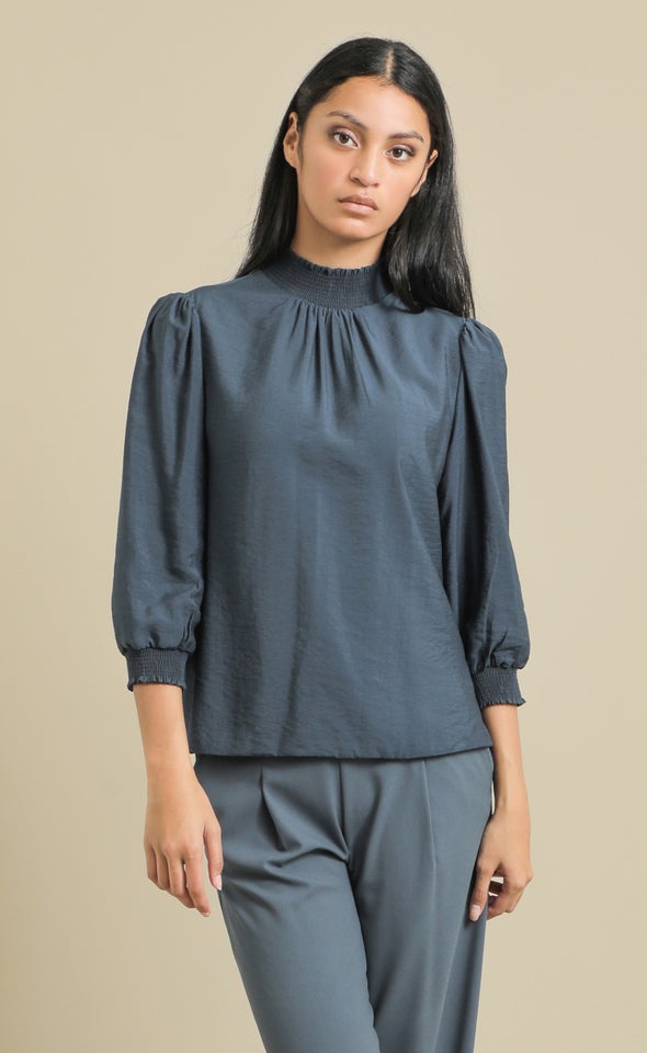Voile High Neck Shirred Top Ink