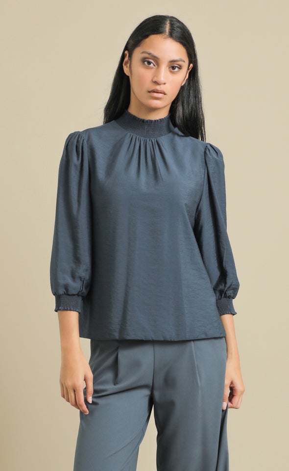 Voile High Neck Shirred Top Ink