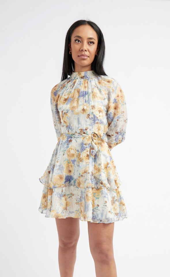 Voile Layered Skirt LS Dress Blue/ochre