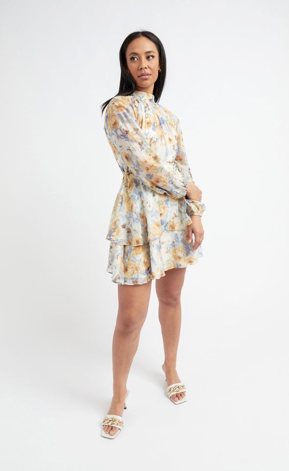 Voile Layered Skirt LS Dress Blue/ochre