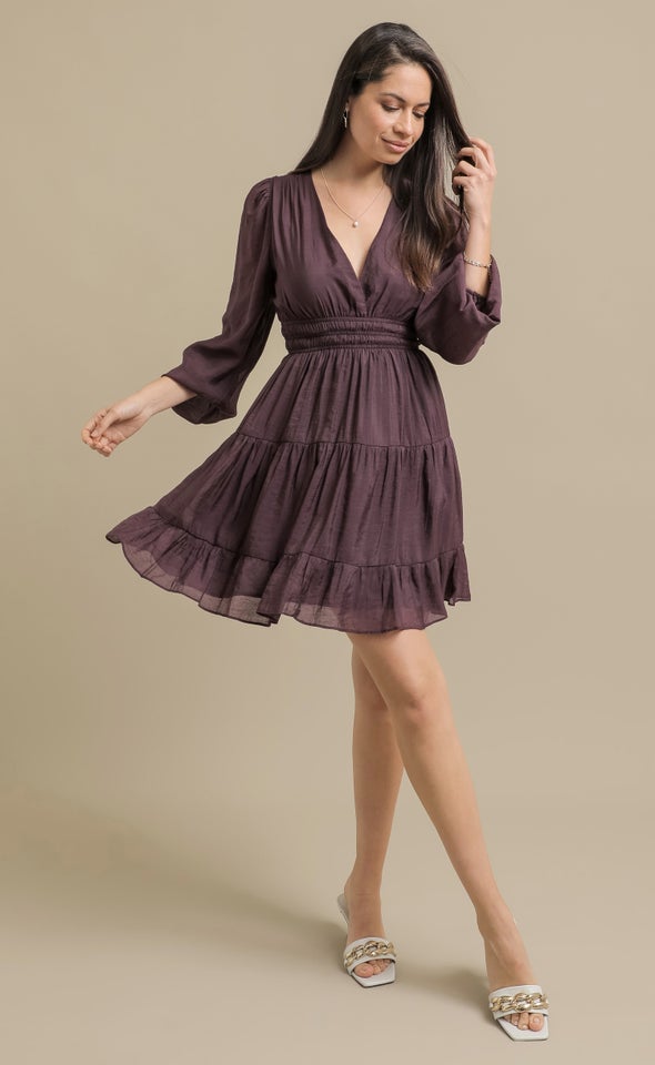 Voile LS Mini Tier Dress Berry