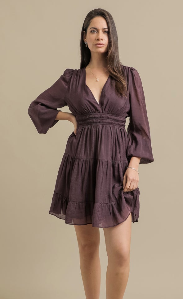 Voile LS Mini Tier Dress Berry