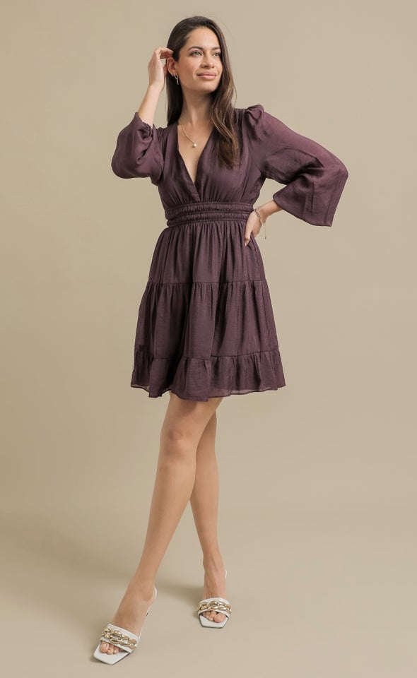Voile LS Mini Tier Dress Berry