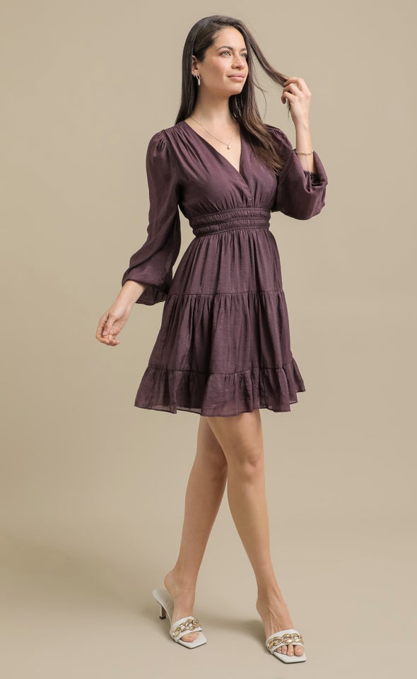 Voile LS Mini Tier Dress Berry