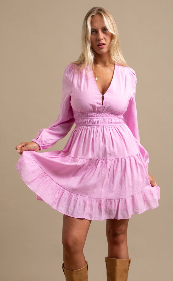 Voile LS Short Tier Dress Pink