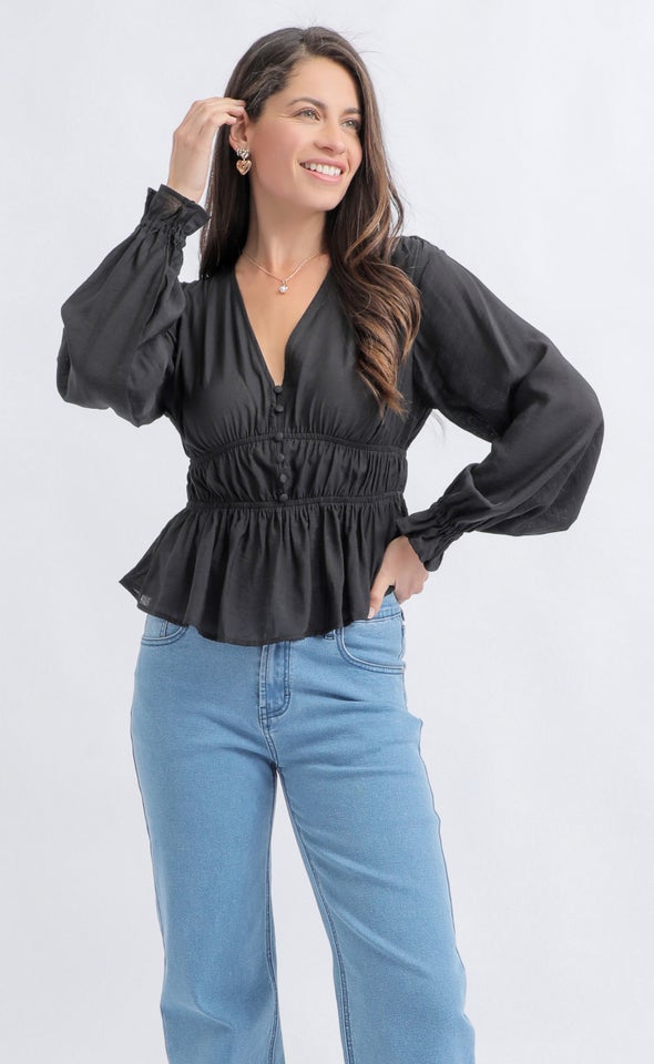 Voile LS V Neck Top Black