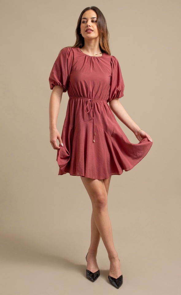 Voile Puff Sleeve Mini Dress Clay