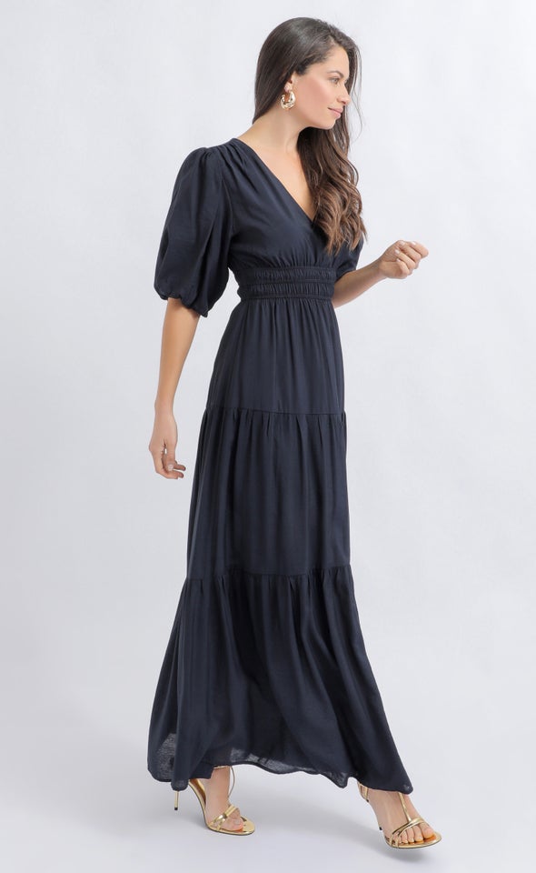 Voile Puff Sleeve Tier Maxi Ink