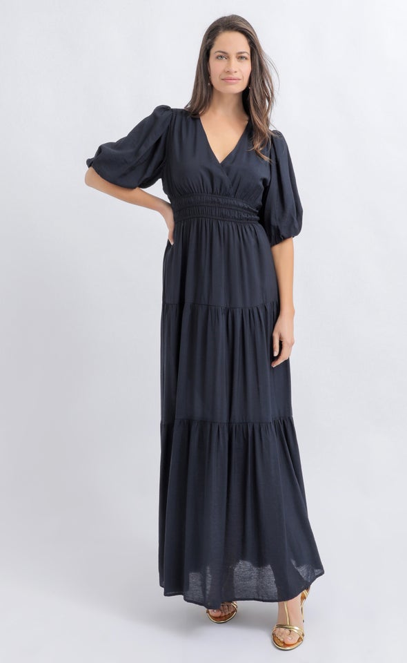 Voile Puff Sleeve Tier Maxi Ink