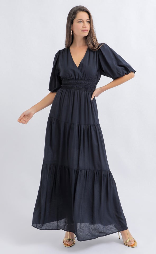 Voile Puff Sleeve Tier Maxi Ink