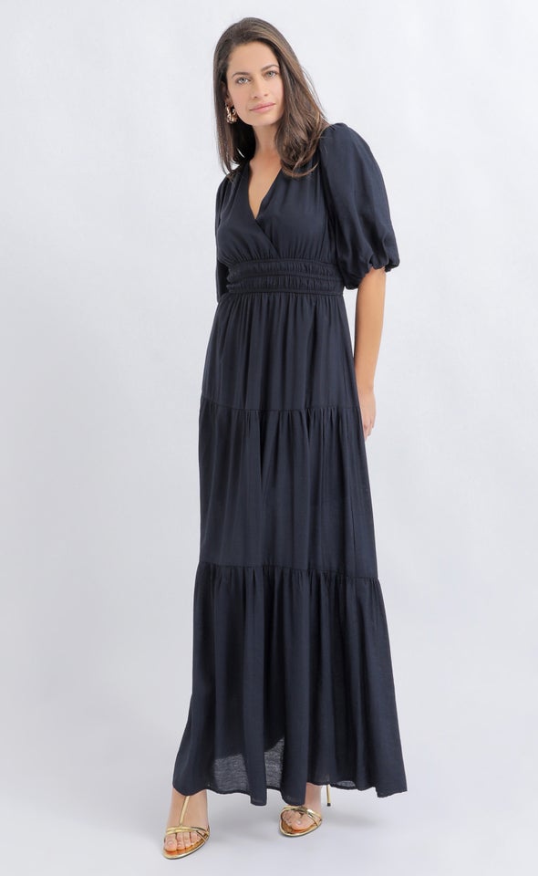 Voile Puff Sleeve Tier Maxi Ink