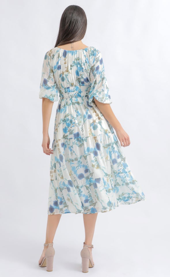 Voile Ruched 3/4 Slv Midi Dress Cream/blue
