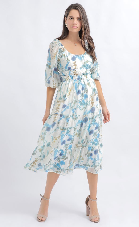 Voile Ruched 3/4 Slv Midi Dress Cream/blue