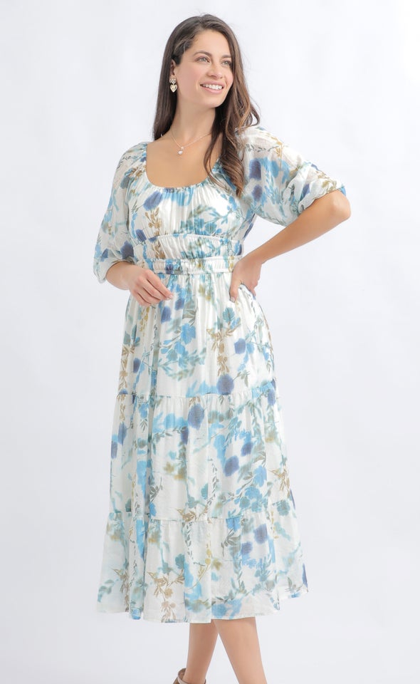 Voile Ruched 3/4 Slv Midi Dress Cream/blue