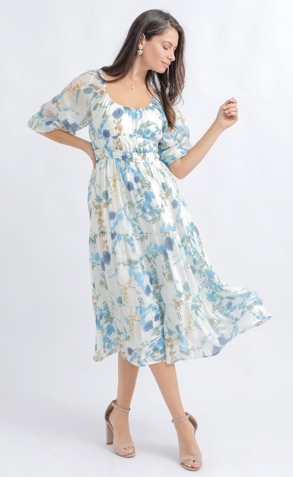 Voile Ruched 3/4 Slv Midi Dress Cream/blue