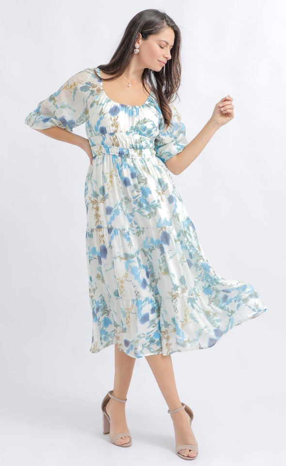 Voile Ruched 3/4 Slv Midi Dress