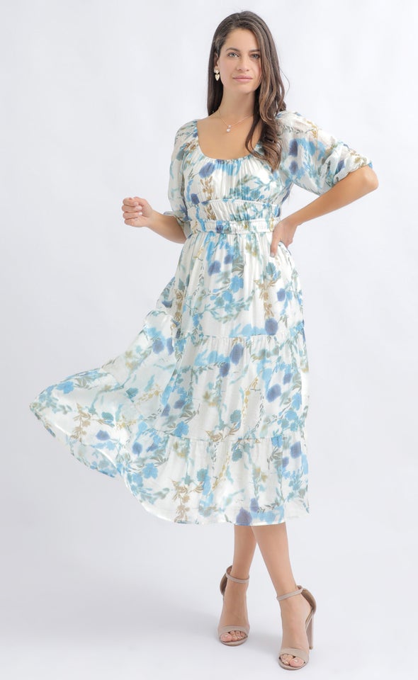 Voile Ruched 3/4 Slv Midi Dress Cream/blue