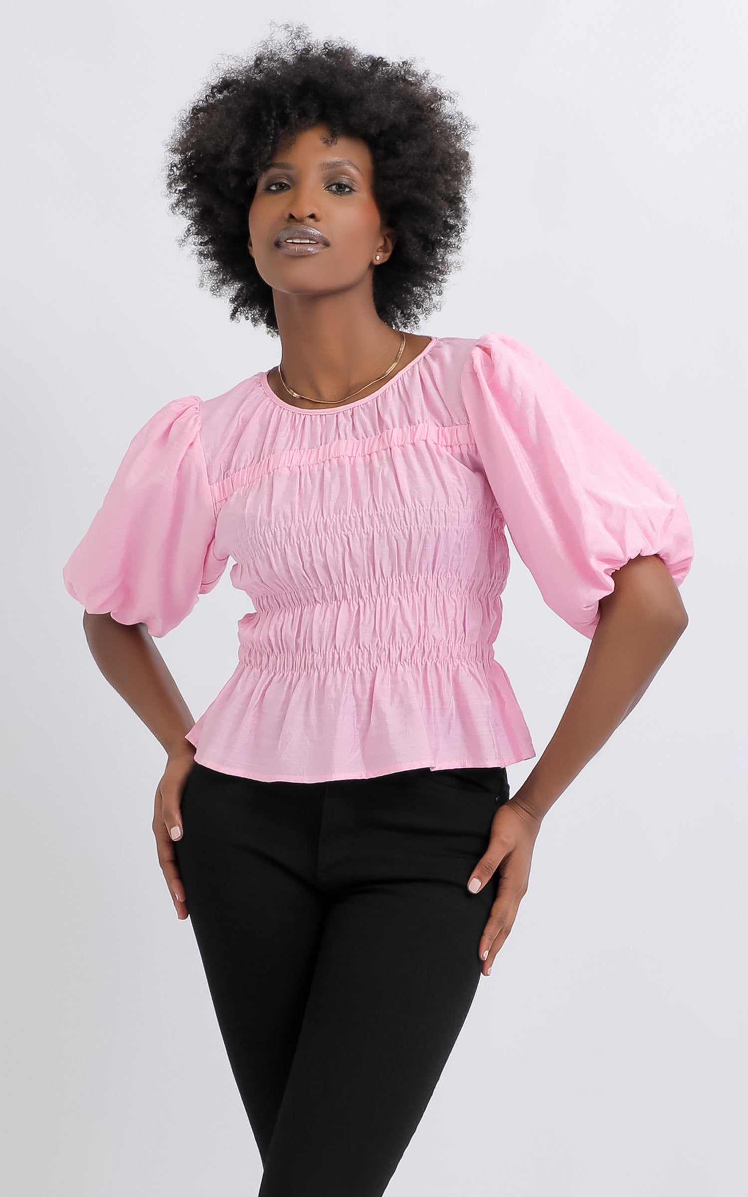 Shop our Voile Shirred Puff Sleeve Top in Bubblegum pink | Pagani