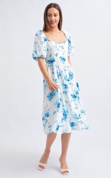knee length dresses for ladies Black Floral Chiffon Sweetheart Puff Sleeve Midi Dress – PinkBlush main image 1