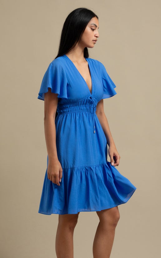 blue floral sleeve dress Satin Tie Back Halter Column Dress – Camille La Vie main image 1