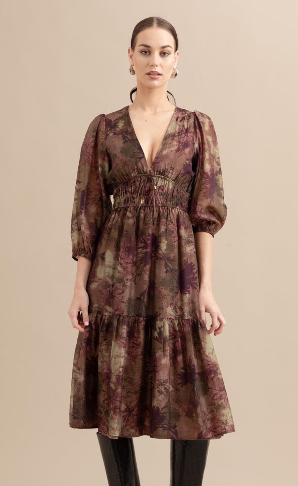 Voile Tie Front Midi Dress Dusky/aubergine