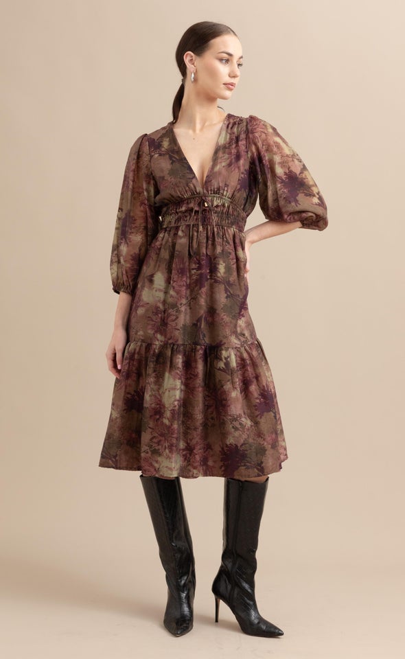 Voile Tie Front Midi Dress Dusky/aubergine