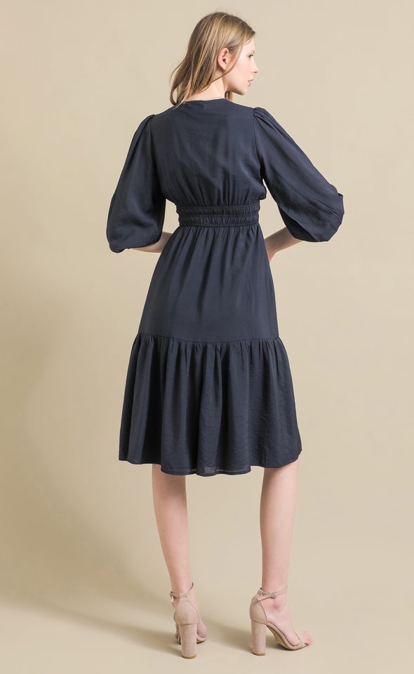 Voile Tie Front Midi Dress Ink