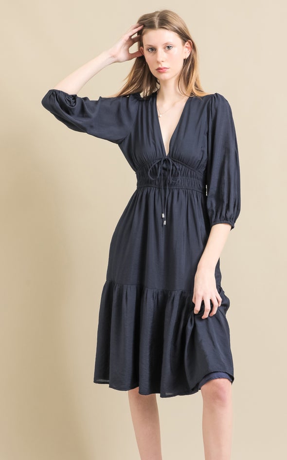 Voile Tie Front Midi Dress Ink