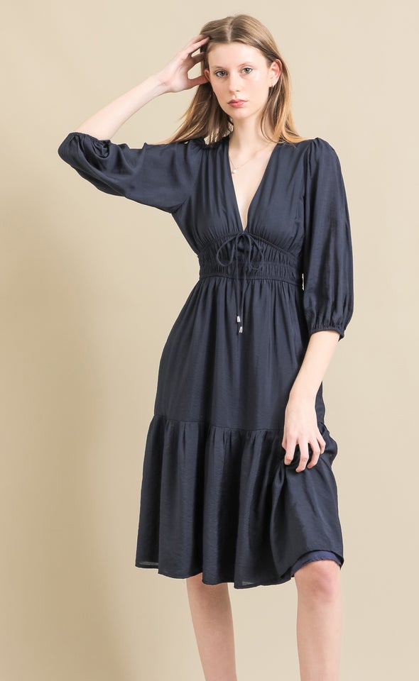 Voile Tie Front Midi Dress Ink