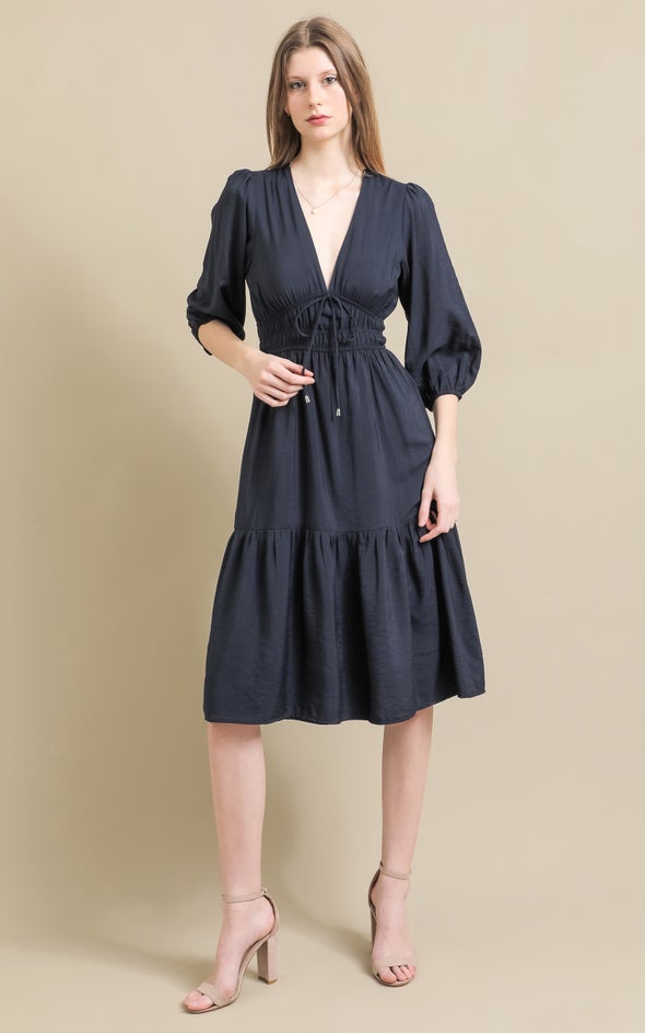 Voile Tie Front Midi Dress Ink